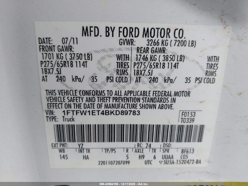 2011 Ford F-150 Lariat VIN: 1FTFW1ET4BKD89783 Lot: 43964196