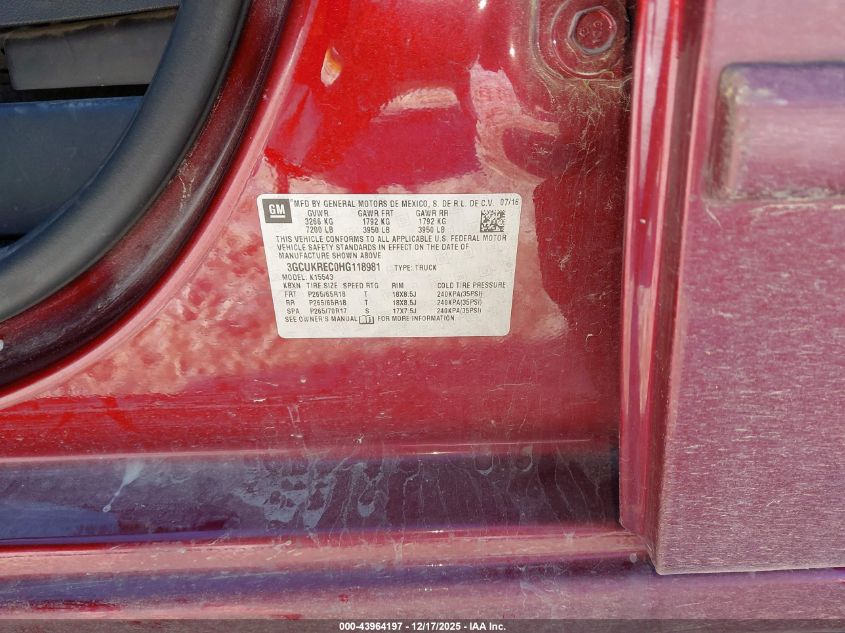 2017 Chevrolet Silverado 1500 2Lt VIN: 3GCUKREC0HG118981 Lot: 43964197