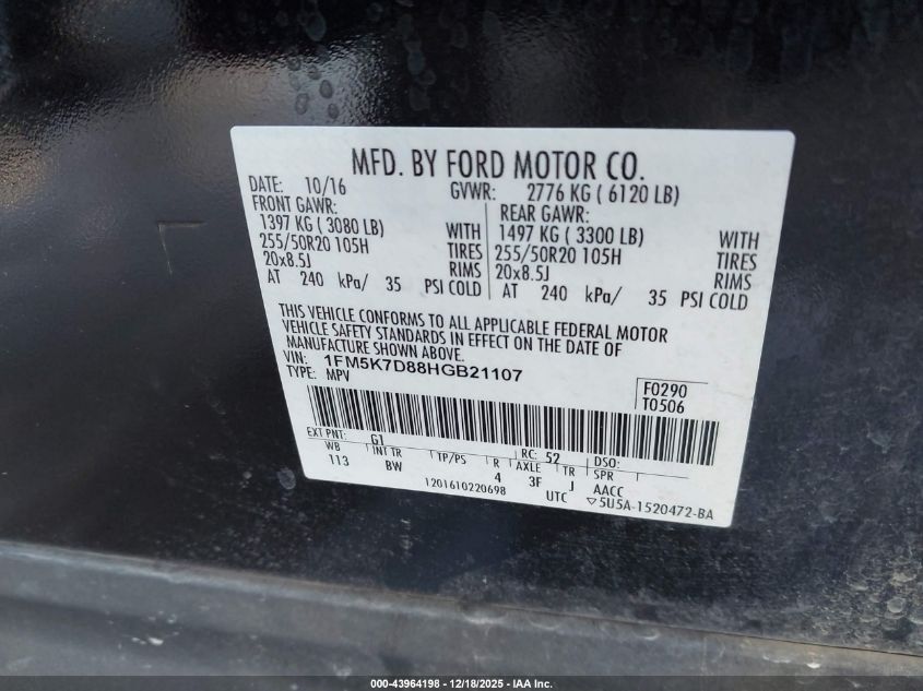 2017 Ford Explorer Xlt VIN: 1FM5K7D88HGB21107 Lot: 43964198