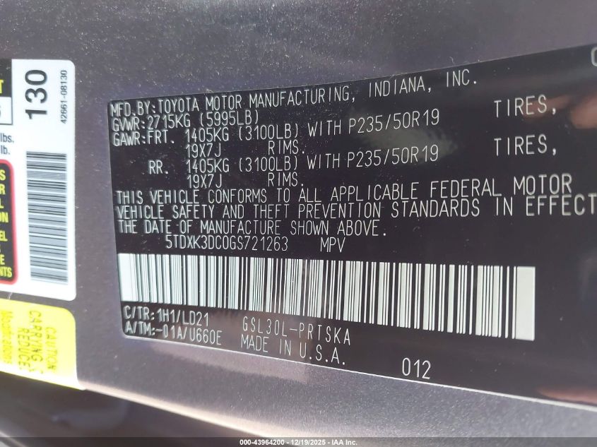 2016 Toyota Sienna Se 8 Passenger VIN: 5TDXK3DC0GS721263 Lot: 43964200