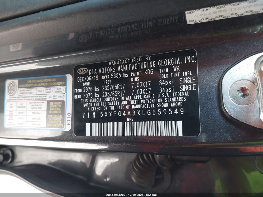 2020 Kia Sorento 2.4L Lx VIN: 5XYPG4A3XLG659549 Lot: 43964202