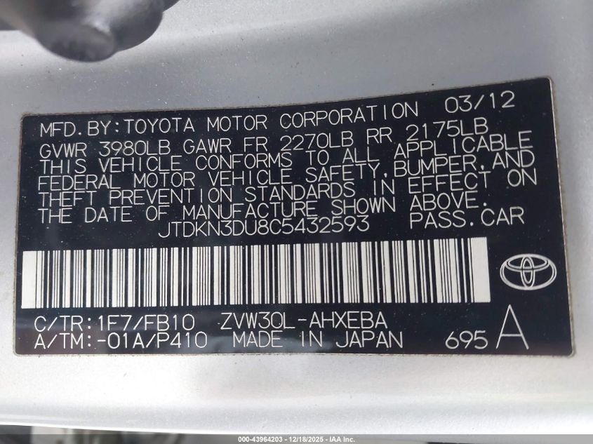 2012 Toyota Prius Three VIN: JTDKN3DU8C5432593 Lot: 43964203