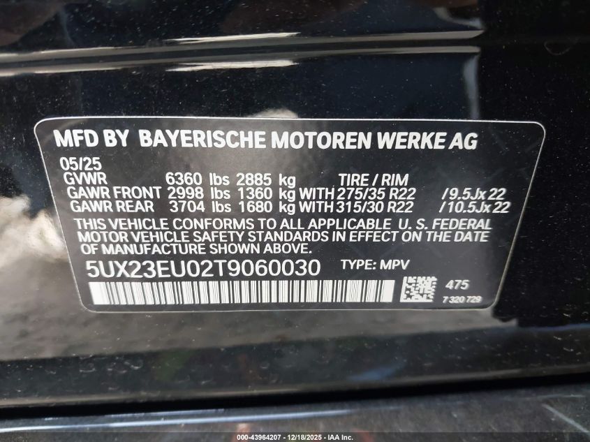 2026 BMW X5 xDrive40I VIN: 5UX23EU02T9060030 Lot: 43964207