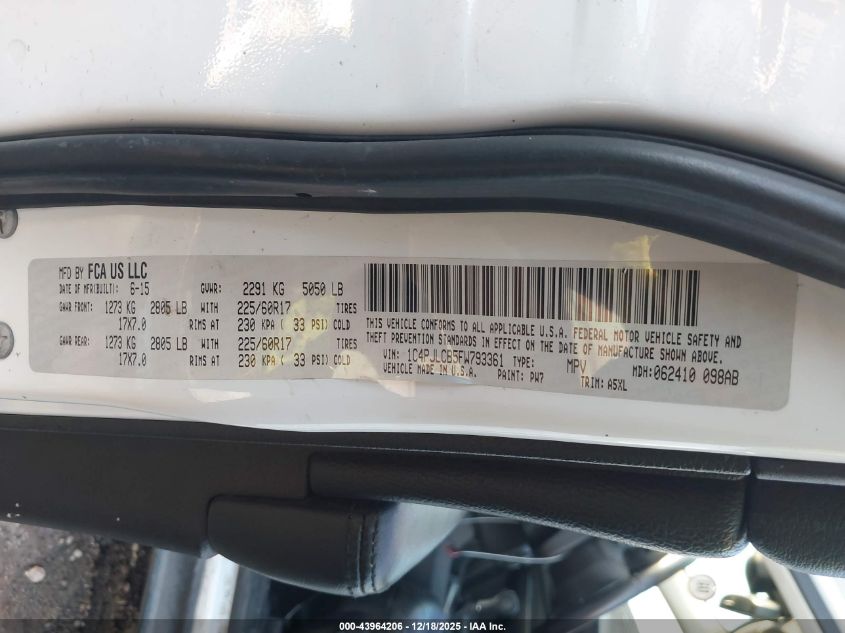 2015 Jeep Cherokee Latitude VIN: 1C4PJLCB5FW793361 Lot: 43964206