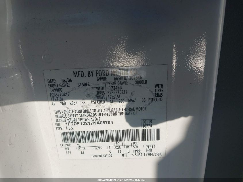 2007 Ford F-150 Stx/Xl/Xlt VIN: 1FTRF12217NA05764 Lot: 43964209