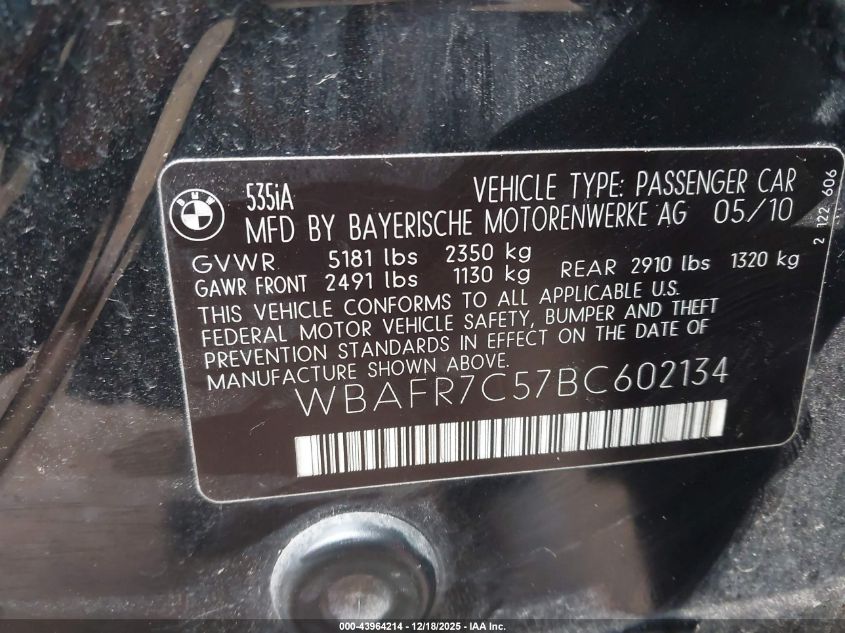 2011 BMW 535I VIN: WBAFR7C57BC602134 Lot: 43964214