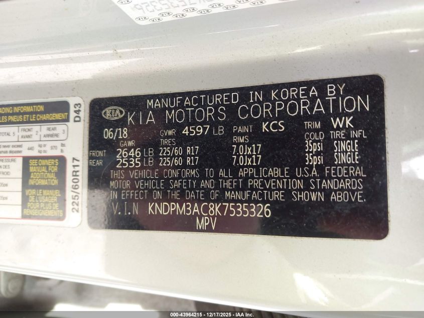 2019 Kia Sportage Lx VIN: KNDPM3AC8K7535326 Lot: 43964215