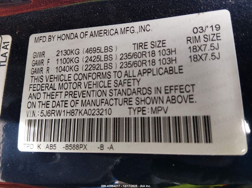 2019 Honda Cr-V Ex-L VIN: 5J6RW1H87KA023210 Lot: 43964217