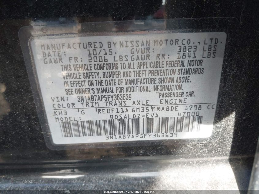 2015 Nissan Sentra Sv VIN: 3N1AB7AP5FY363639 Lot: 43964224