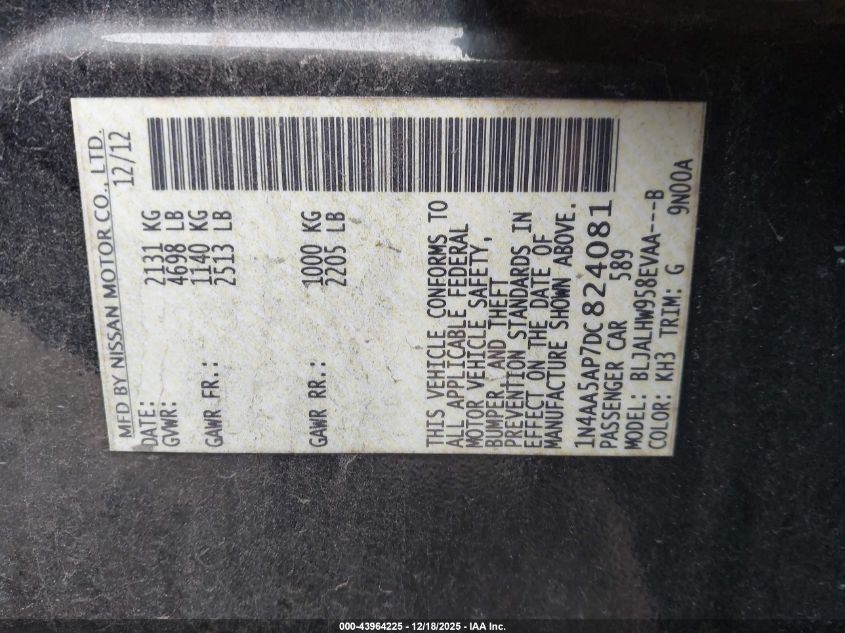 2013 Nissan Maxima 3.5 Sv VIN: 1N4AA5AP7DC824081 Lot: 43964225