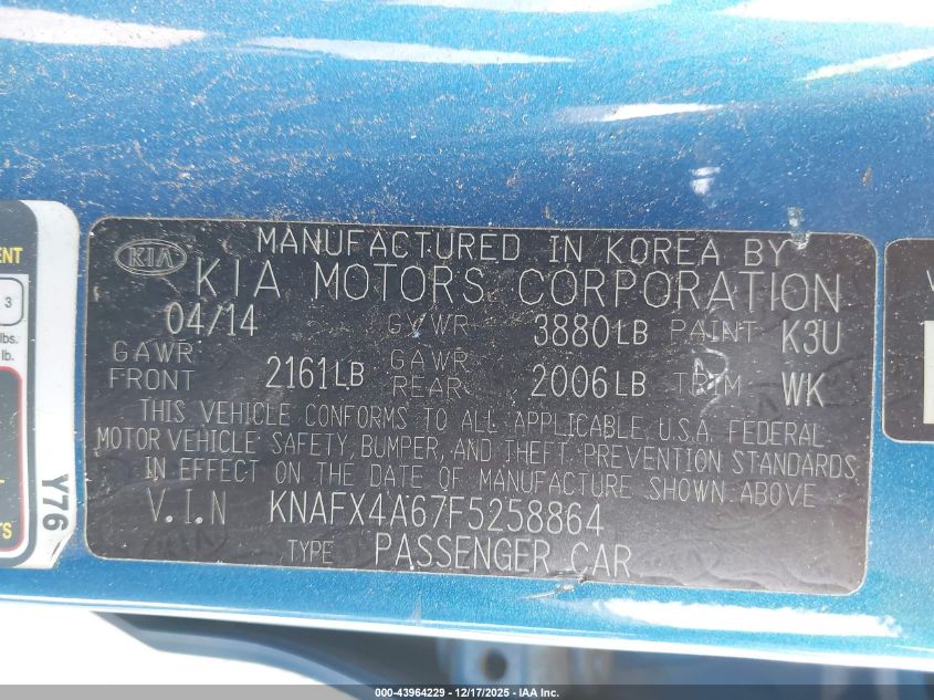 2015 Kia Forte Lx VIN: KNAFX4A67F5258864 Lot: 43964229
