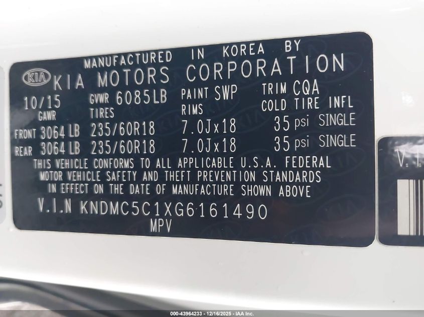 2016 Kia Sedona Ex VIN: KNDMC5C1XG6161490 Lot: 43964233