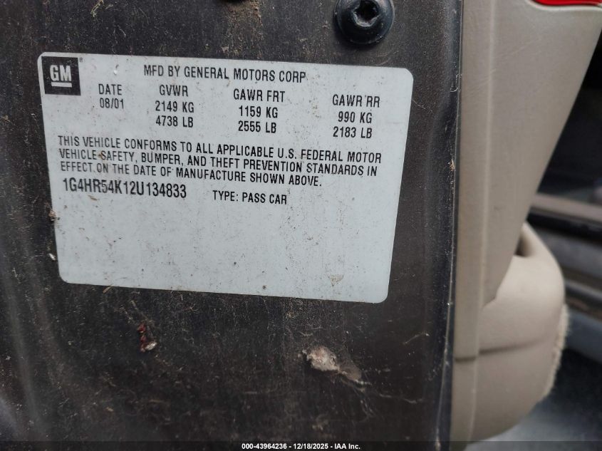 2002 Buick Lesabre Limited VIN: 1G4HR54K12U134833 Lot: 43964236