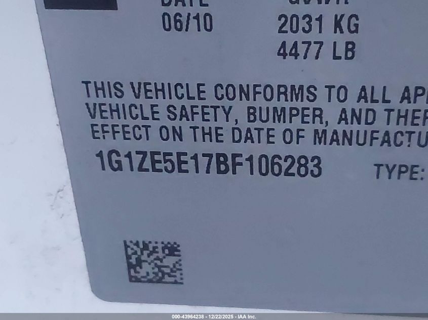 2011 Chevrolet Malibu Ltz VIN: 1G1ZE5E17BF106283 Lot: 43964238