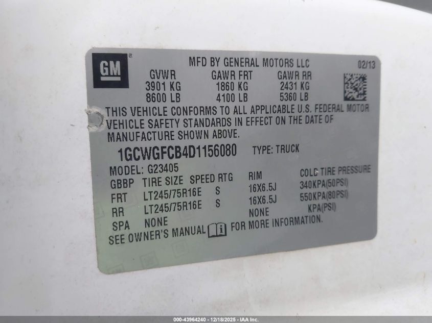 2013 Chevrolet Express 2500 Work Van VIN: 1GCWGFCB4D1156080 Lot: 43964240