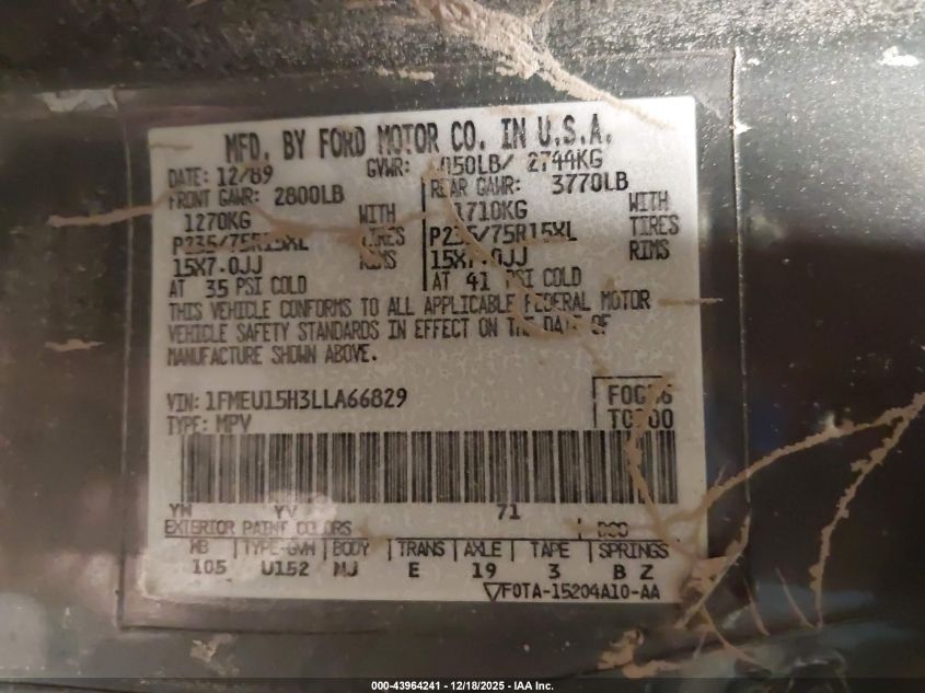 1990 Ford Bronco U100 VIN: 1FMEU15H3LLA66829 Lot: 43964241