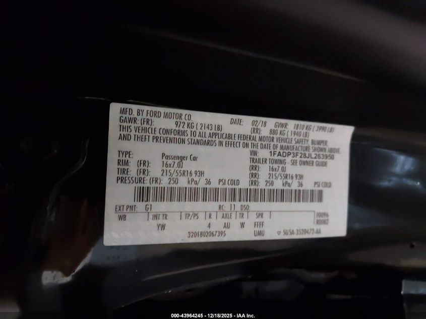 2018 Ford Focus Se VIN: 1FADP3F28JL263950 Lot: 43964245