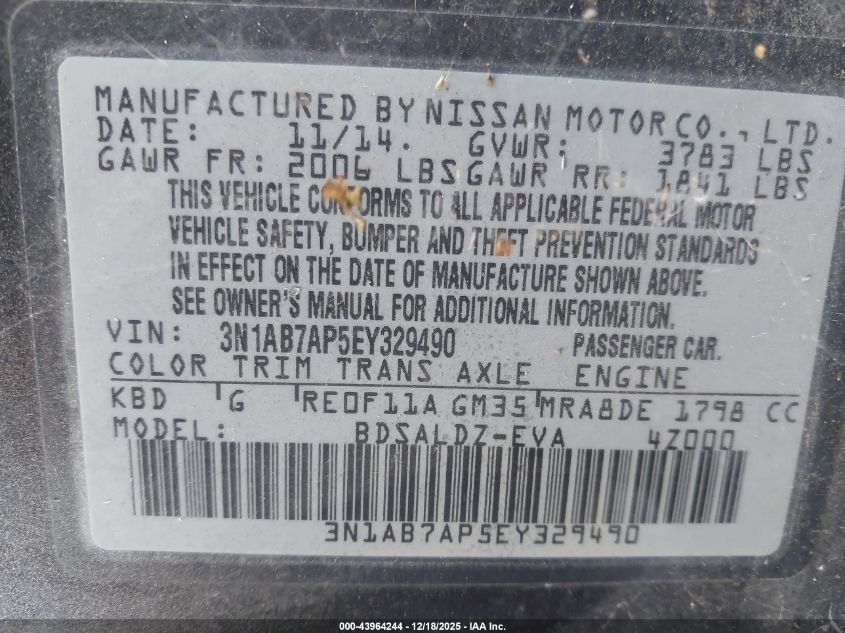 2014 Nissan Sentra Sv VIN: 3N1AB7AP5EY329490 Lot: 43964244