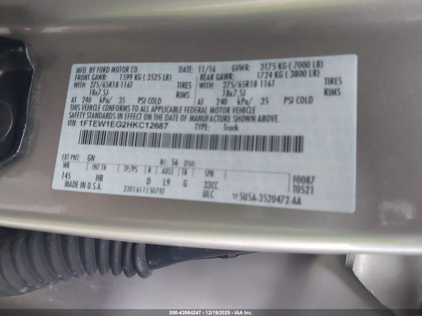 2017 Ford F-150 Lariat VIN: 1FTEW1EG2HKC12687 Lot: 43964247