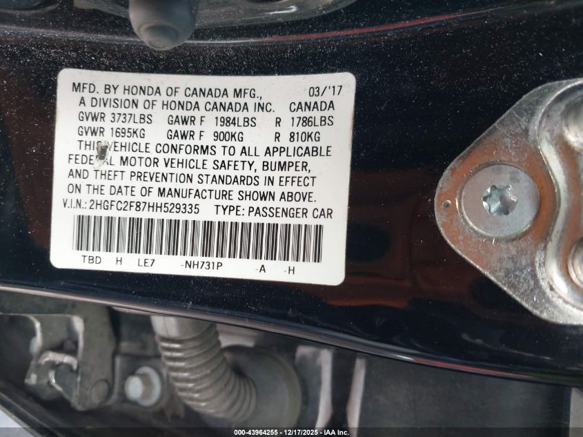 2017 Honda Civic Ex VIN: 2HGFC2F87HH529335 Lot: 43964255