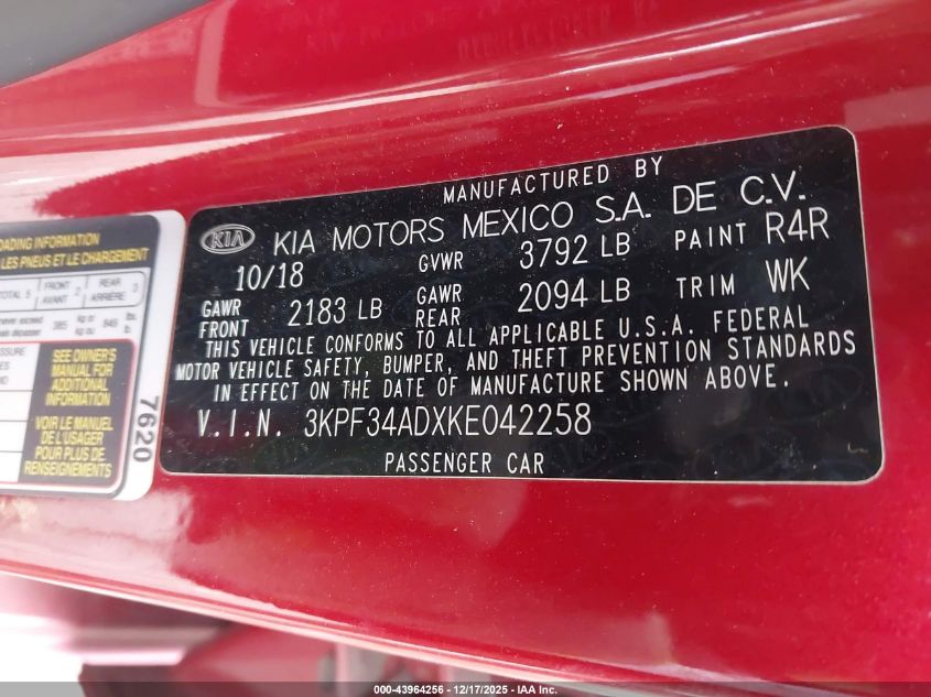 2019 Kia Forte S VIN: 3KPF34ADXKE042258 Lot: 43964256