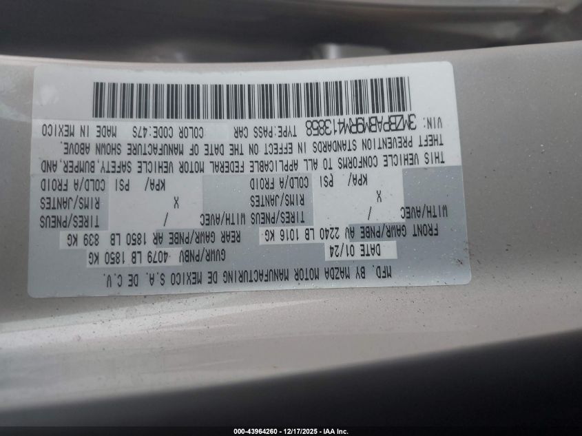 2024 Mazda Mazda3 2.5 S Select Sport VIN: 3MZBPABM9RM413858 Lot: 43964260