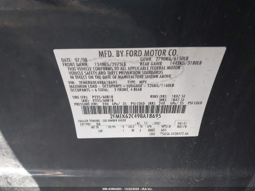 2009 Ford Flex Sel VIN: 2FMEK62C49BA18695 Lot: 43964263