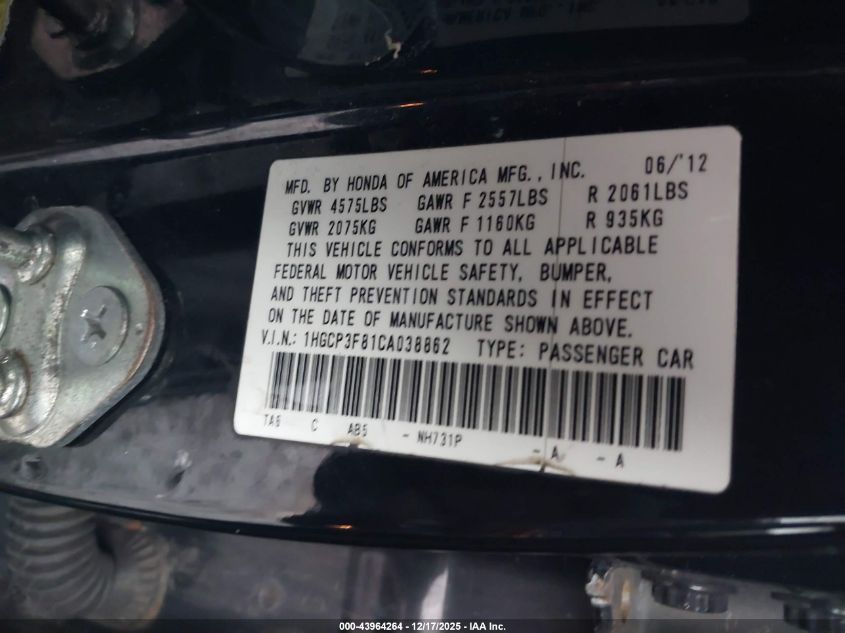 2012 Honda Accord 3.5 Ex-L VIN: 1HGCP3F81CA038862 Lot: 43964264