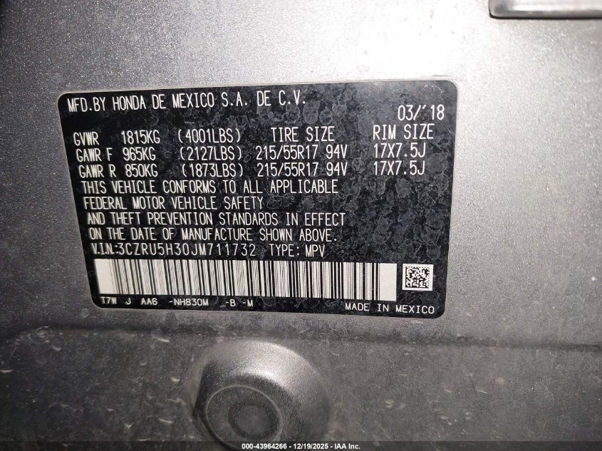 2018 Honda Hr-V Lx VIN: 3CZRU5H30JM711732 Lot: 43964266