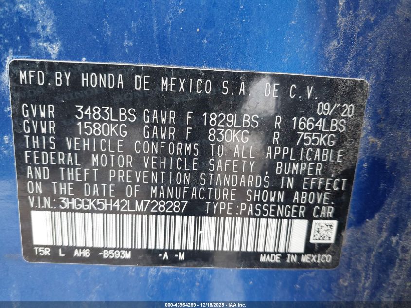 2020 Honda Fit Lx VIN: 3HGGK5H42LM728287 Lot: 43964269