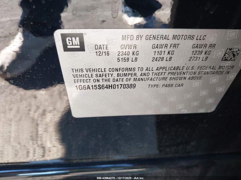 2017 Cadillac Cts-V VIN: 1G6A15S64H0170389 Lot: 43964270