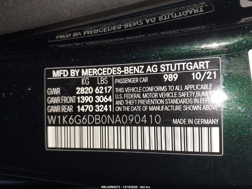 2022 Mercedes-Benz S 500 4Matic VIN: W1K6G6DB0NA090410 Lot: 43964272