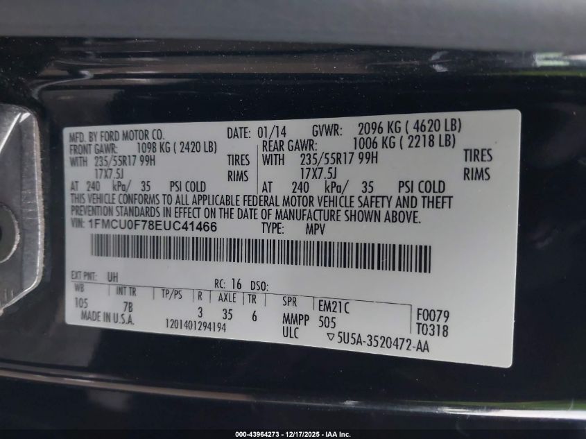 2014 Ford Escape S VIN: 1FMCU0F78EUC41466 Lot: 43964273