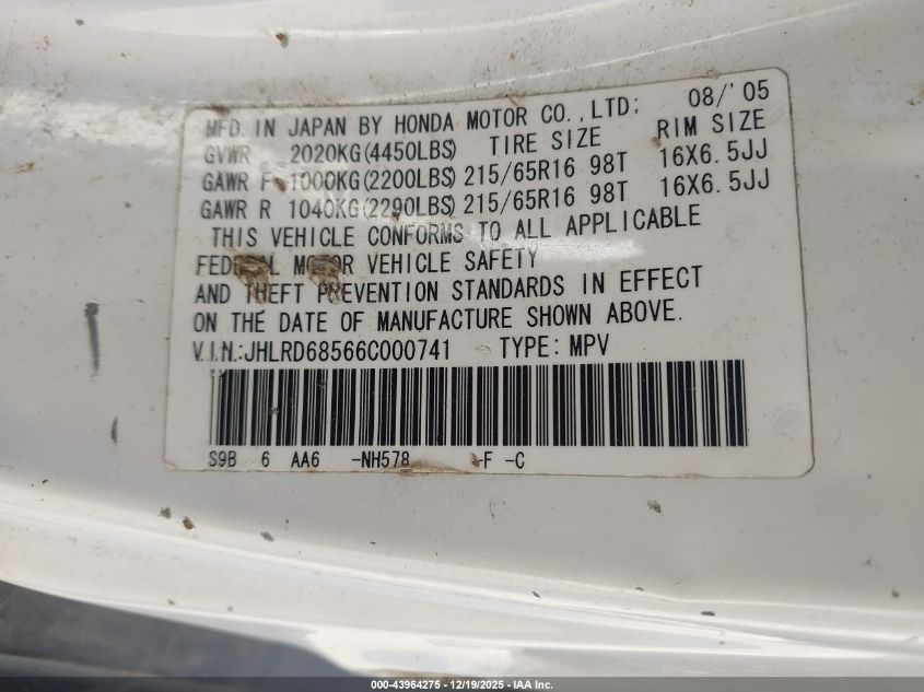 2006 Honda Cr-V Lx VIN: JHLRD68566C000741 Lot: 43964275