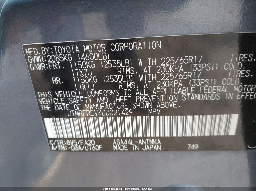 2013 Toyota Rav4 Xle VIN: JTMRFREV4DD021429 Lot: 43964278