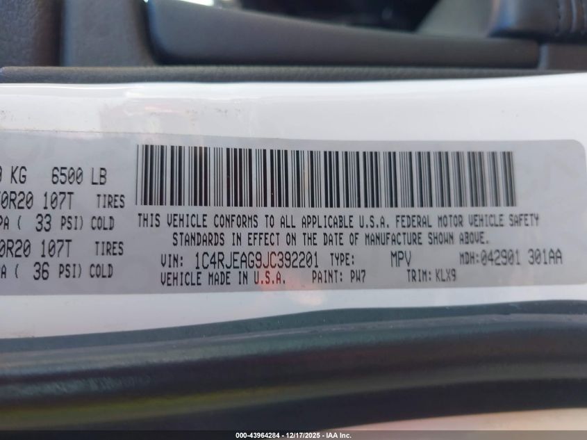 2018 Jeep Grand Cherokee Altitude 4X2 VIN: 1C4RJEAG9JC392201 Lot: 43964284