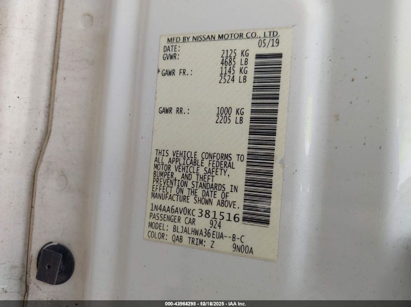 2019 Nissan Maxima 3.5 Platinum VIN: 1N4AA6AV0KC381516 Lot: 43964293