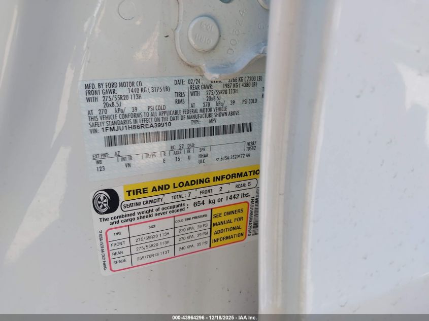 2024 Ford Expedition Xlt VIN: 1FMJU1H86REA39910 Lot: 43964296