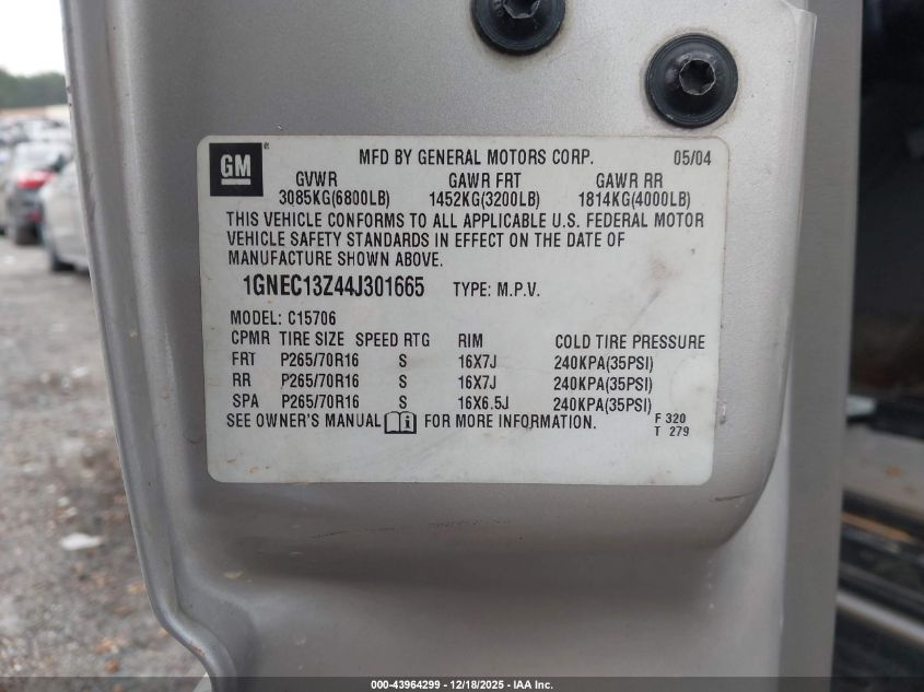 2004 Chevrolet Tahoe Lt VIN: 1GNEC13Z44J301665 Lot: 43964299