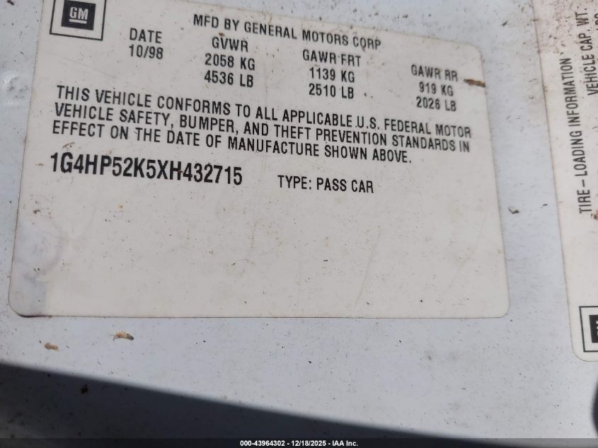 1999 Buick Lesabre Custom VIN: 1G4HP52K5XH432715 Lot: 43964302