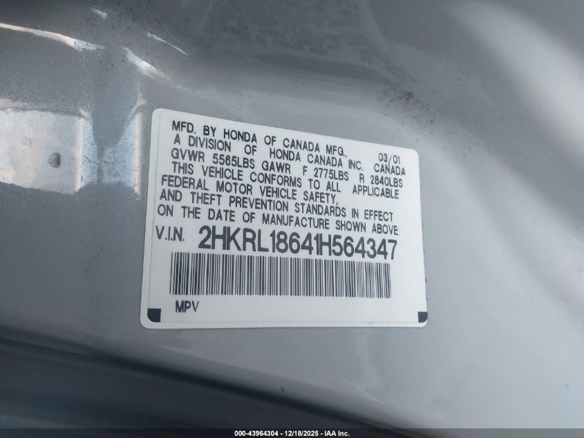 2001 Honda Odyssey Ex VIN: 2HKRL18641H564347 Lot: 43964304