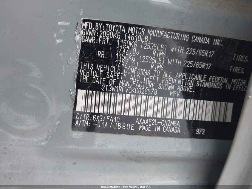 2019 Toyota Rav4 Xle VIN: 2T3W1RFV0KC026578 Lot: 43964312