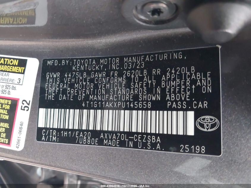 2023 Toyota Camry Se VIN: 4T1G11AKXPU145658 Lot: 43964316