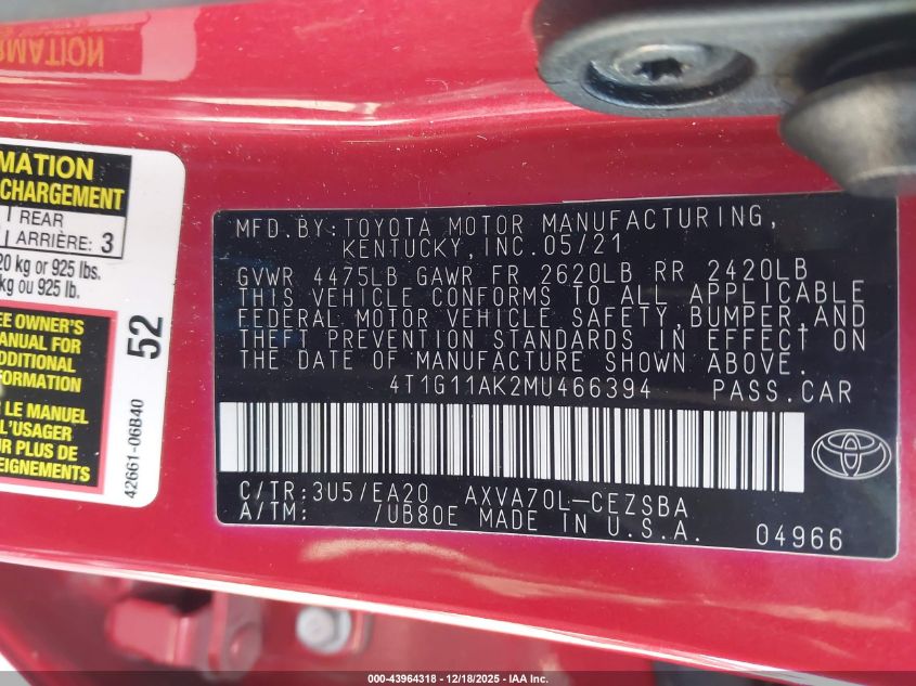 2021 Toyota Camry Se VIN: 4T1G11AK2MU466394 Lot: 43964318