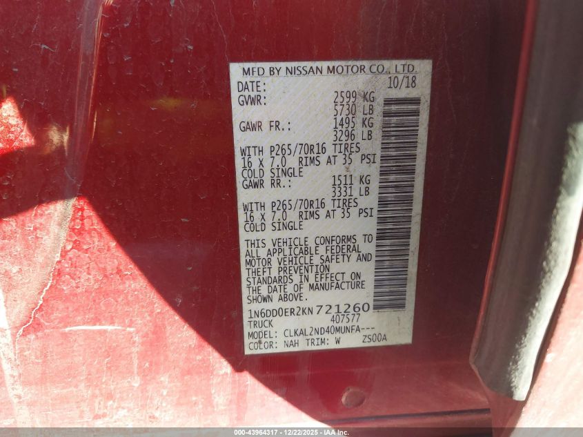 2019 Nissan Frontier Sv VIN: 1N6DD0ER2KN721260 Lot: 43964317