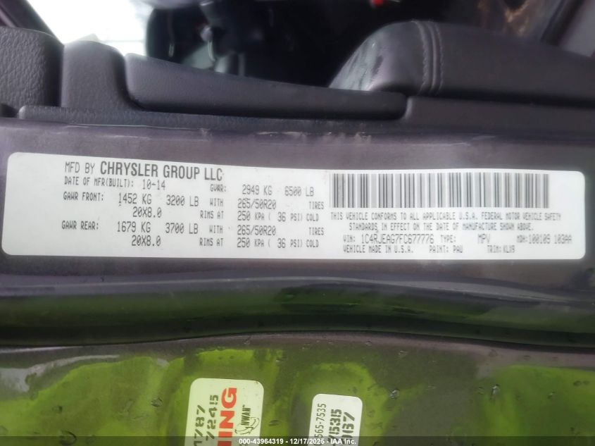 2015 Jeep Grand Cherokee Altitude VIN: 1C4RJEAG7FC677776 Lot: 43964319