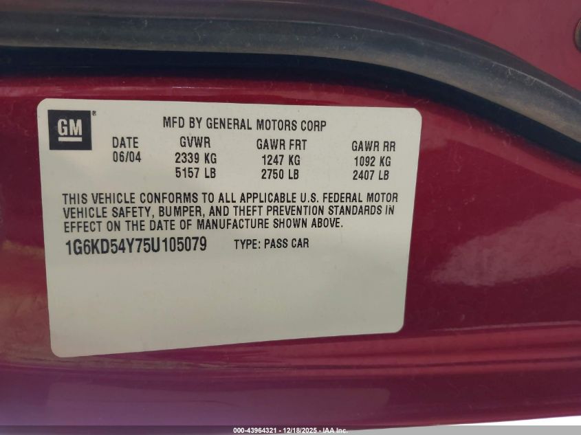 2005 Cadillac Deville Livery VIN: 1G6KD54Y75U105079 Lot: 43964321