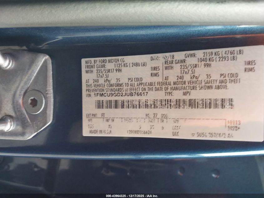 2018 Ford Escape Se VIN: 1FMCU9GD2JUB76617 Lot: 43964325