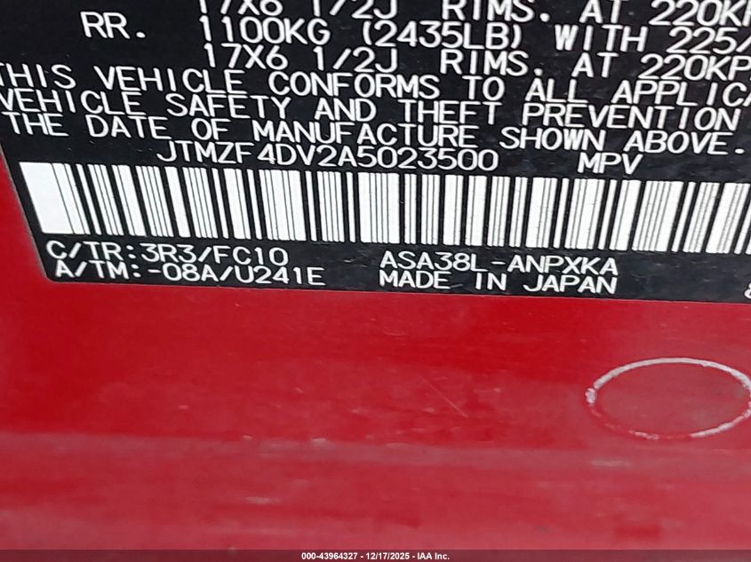 2010 Toyota Rav4 VIN: JTMZF4DV2A5023500 Lot: 43964327