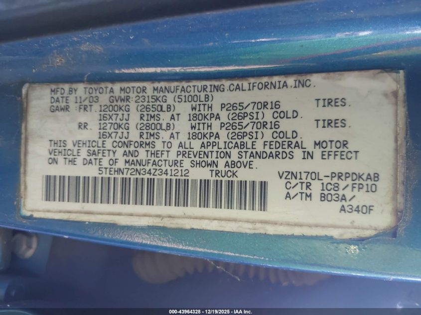 2004 Toyota Tacoma Base V6 VIN: 5TEHN72N34Z341212 Lot: 43964328